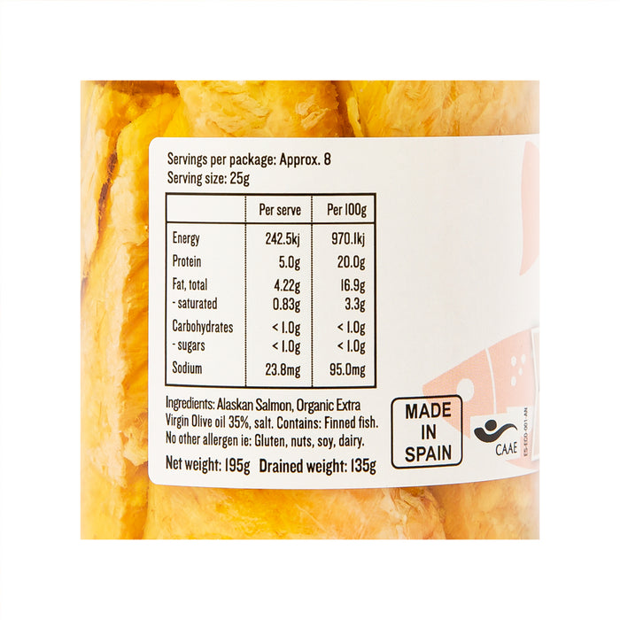 Salmon in Extra Virgin Org Olive oil 195g