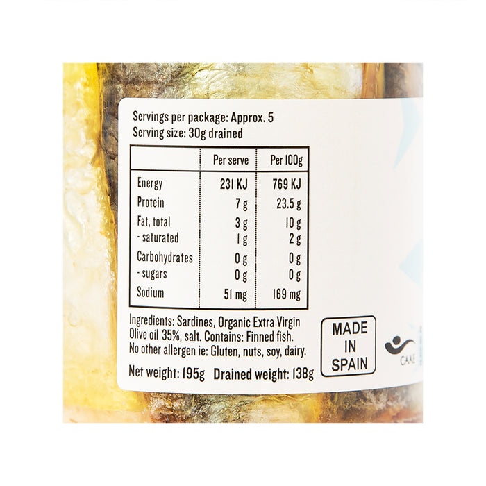 Sardines in Extra Virgin Org Olive Oil 195G