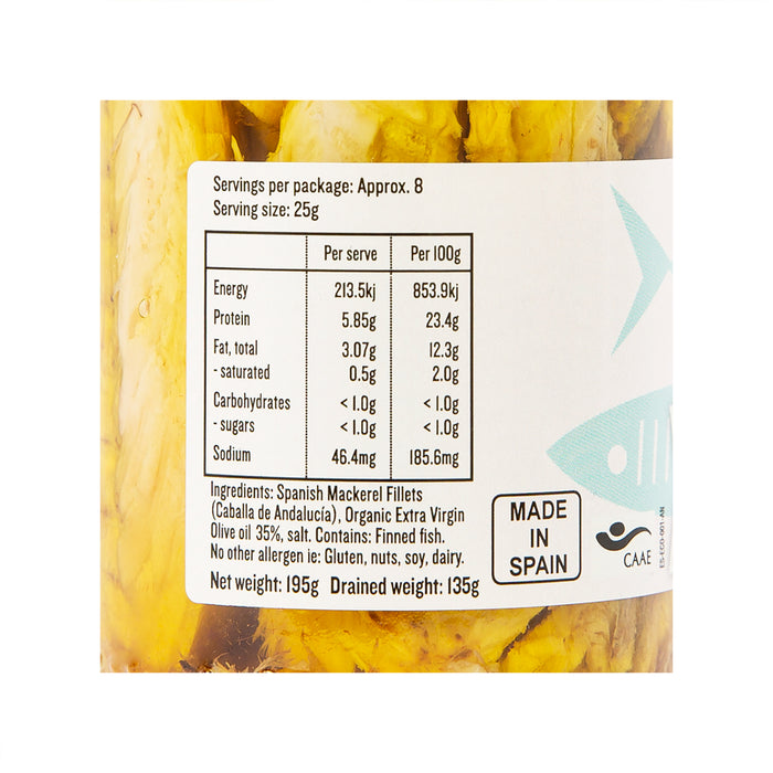 Mackerel in Extra Virgin Org Olive oil 195g
